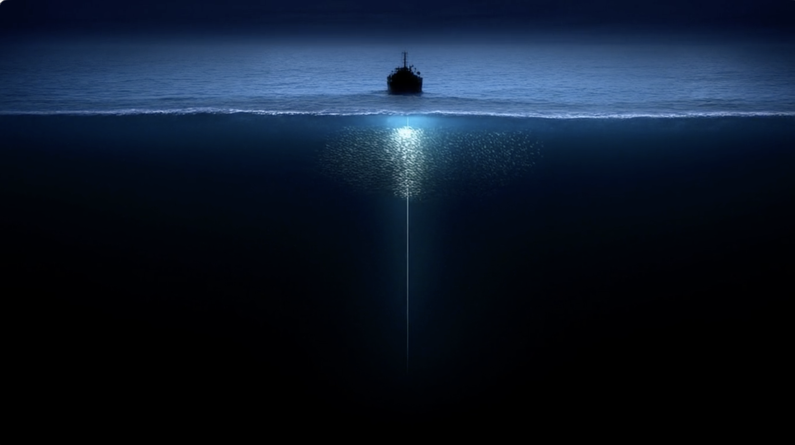 A vessel at the ocean surface sends a sonar beam into the deep water column.